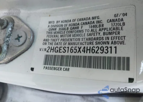 2004 Honda Civic Lx z USA, uszkodzony, nr VIN 2HGES165X4H629311